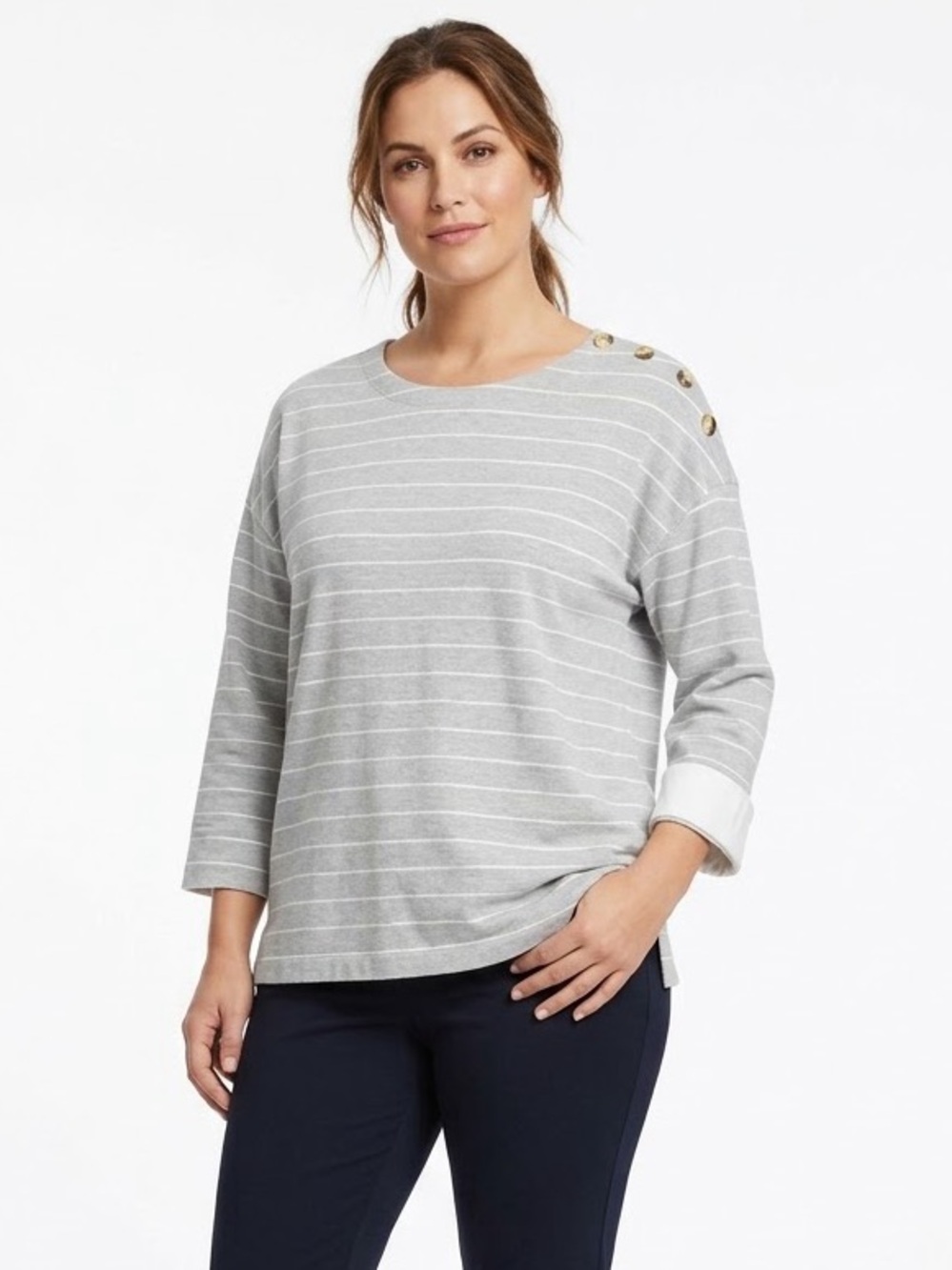 Lafayette 148 New York Gray and White Striped Button-Shoulder Long Sleeve Top L